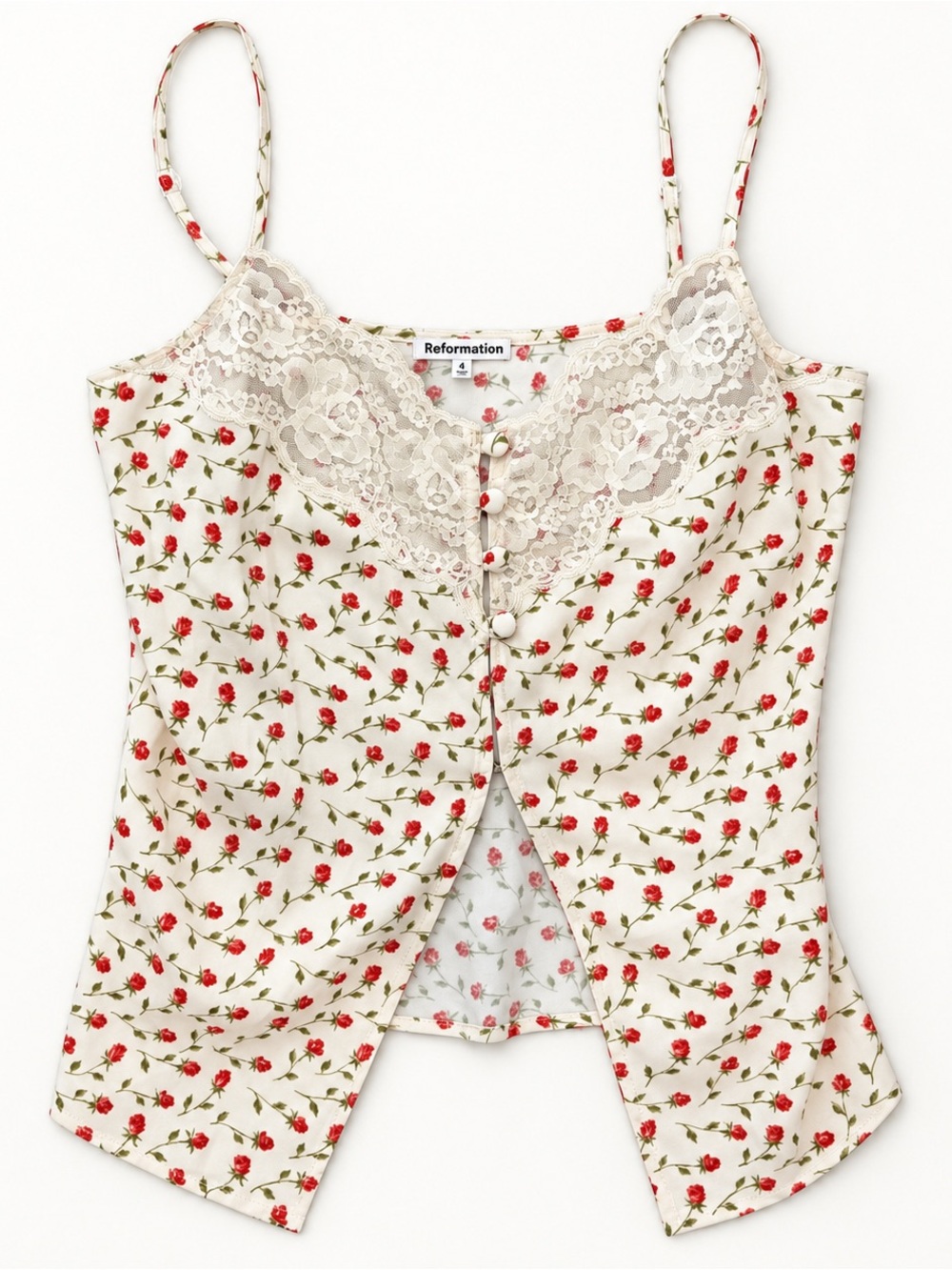Reformation Cream Cami with Red Floral Print and Lace